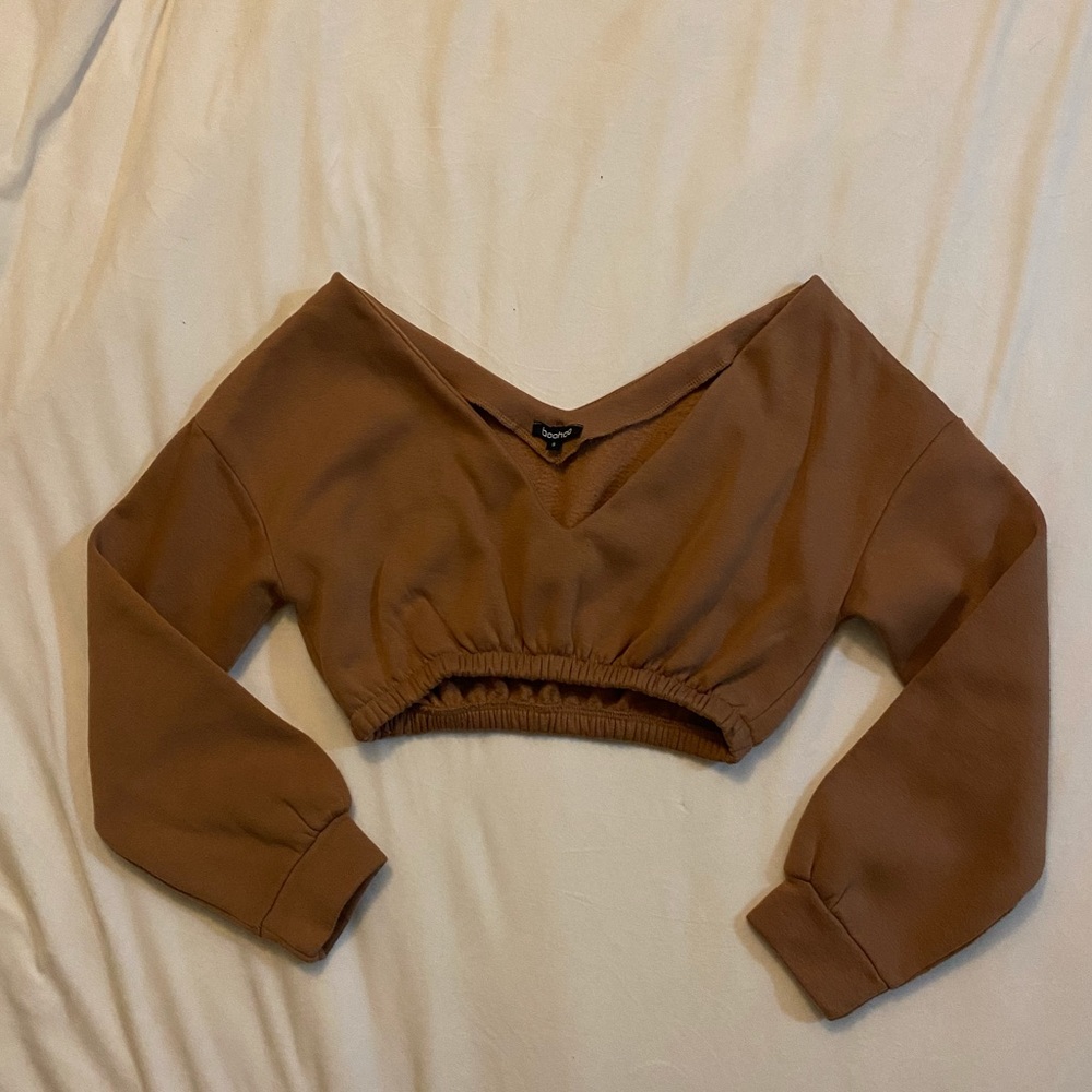 Off the Shoulder V-Neck BooHoo Crop Sweatshirt